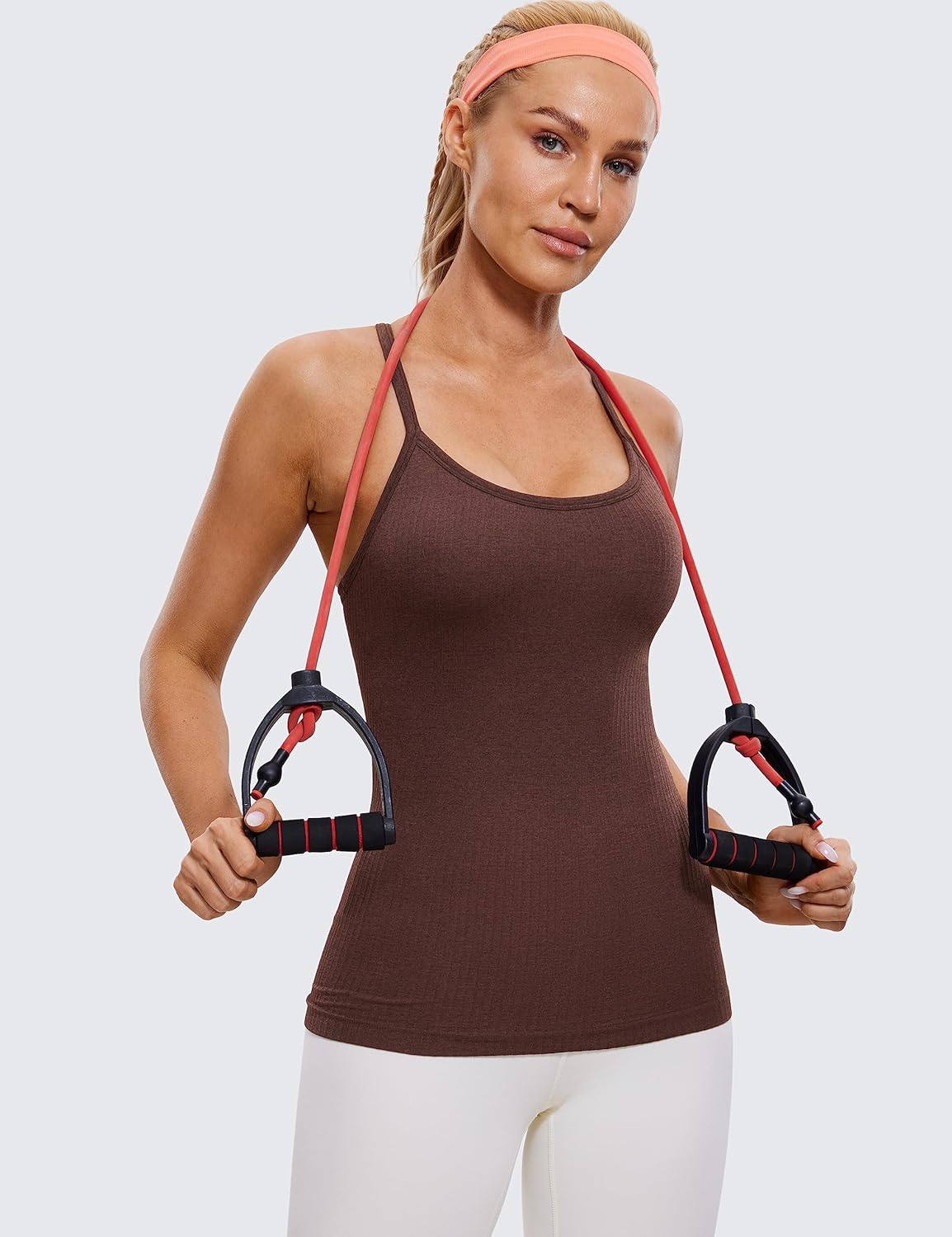 Seamless Rib Y Back Tank Tops | Light Support, Built in Bra, Removable Pads, Yoga, Ribbed, Scoop Neck, for Women