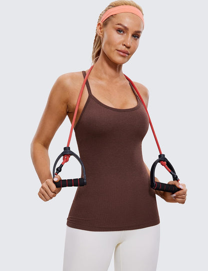 Seamless Rib Y Back Tank Tops | Light Support, Built in Bra, Removable Pads, Yoga, Ribbed, Scoop Neck, for Women