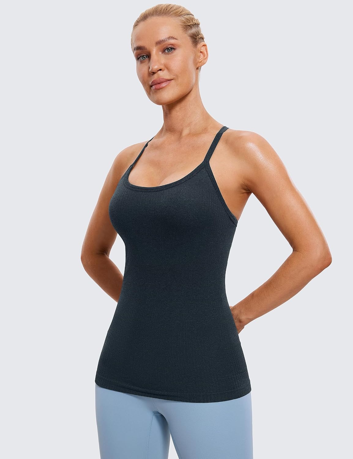 Seamless Rib Y Back Tank Tops | Light Support, Built in Bra, Removable Pads, Yoga, Ribbed, Scoop Neck, for Women