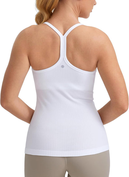 Seamless Rib Y Back Tank Tops | Light Support, Built in Bra, Removable Pads, Yoga, Ribbed, Scoop Neck, for Women