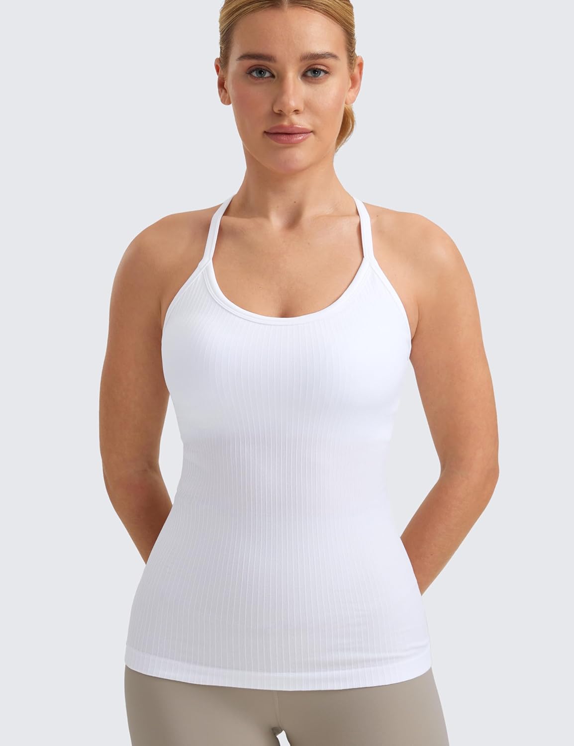 Seamless Rib Y Back Tank Tops | Light Support, Built in Bra, Removable Pads, Yoga, Ribbed, Scoop Neck, for Women