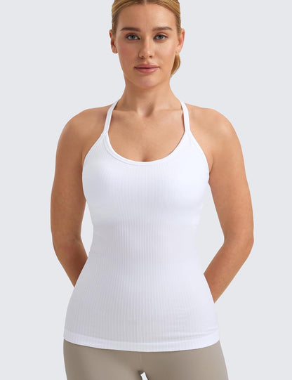 Seamless Rib Y Back Tank Tops | Light Support, Built in Bra, Removable Pads, Yoga, Ribbed, Scoop Neck, for Women