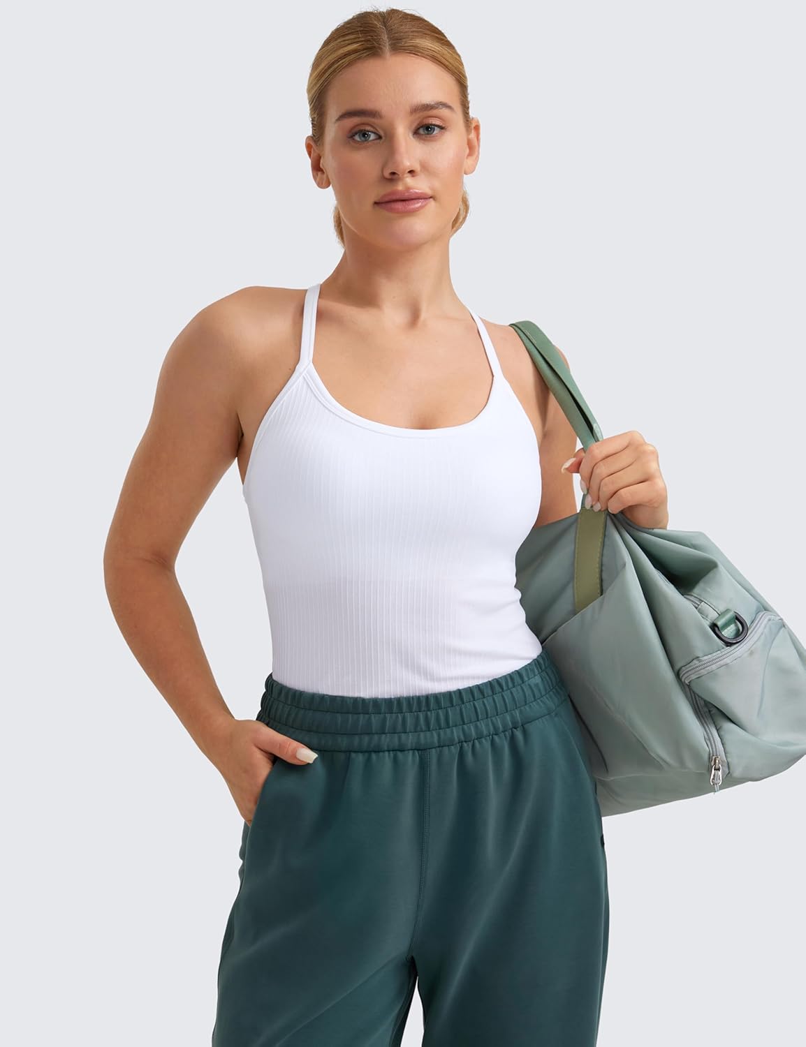 Seamless Rib Y Back Tank Tops | Light Support, Built in Bra, Removable Pads, Yoga, Ribbed, Scoop Neck, for Women