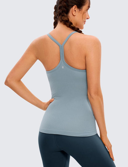 Seamless Rib Y Back Tank Tops | Light Support, Built in Bra, Removable Pads, Yoga, Ribbed, Scoop Neck, for Women