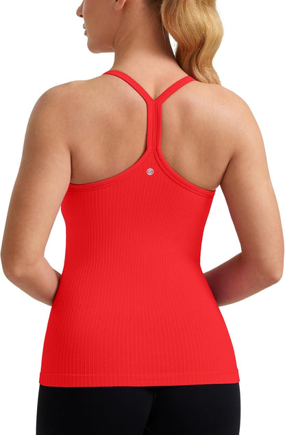 Seamless Rib Y Back Tank Tops | Light Support, Built in Bra, Removable Pads, Yoga, Ribbed, Scoop Neck, for Women