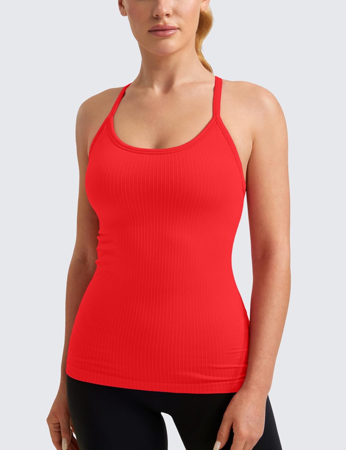Seamless Rib Y Back Tank Tops | Light Support, Built in Bra, Removable Pads, Yoga, Ribbed, Scoop Neck, for Women