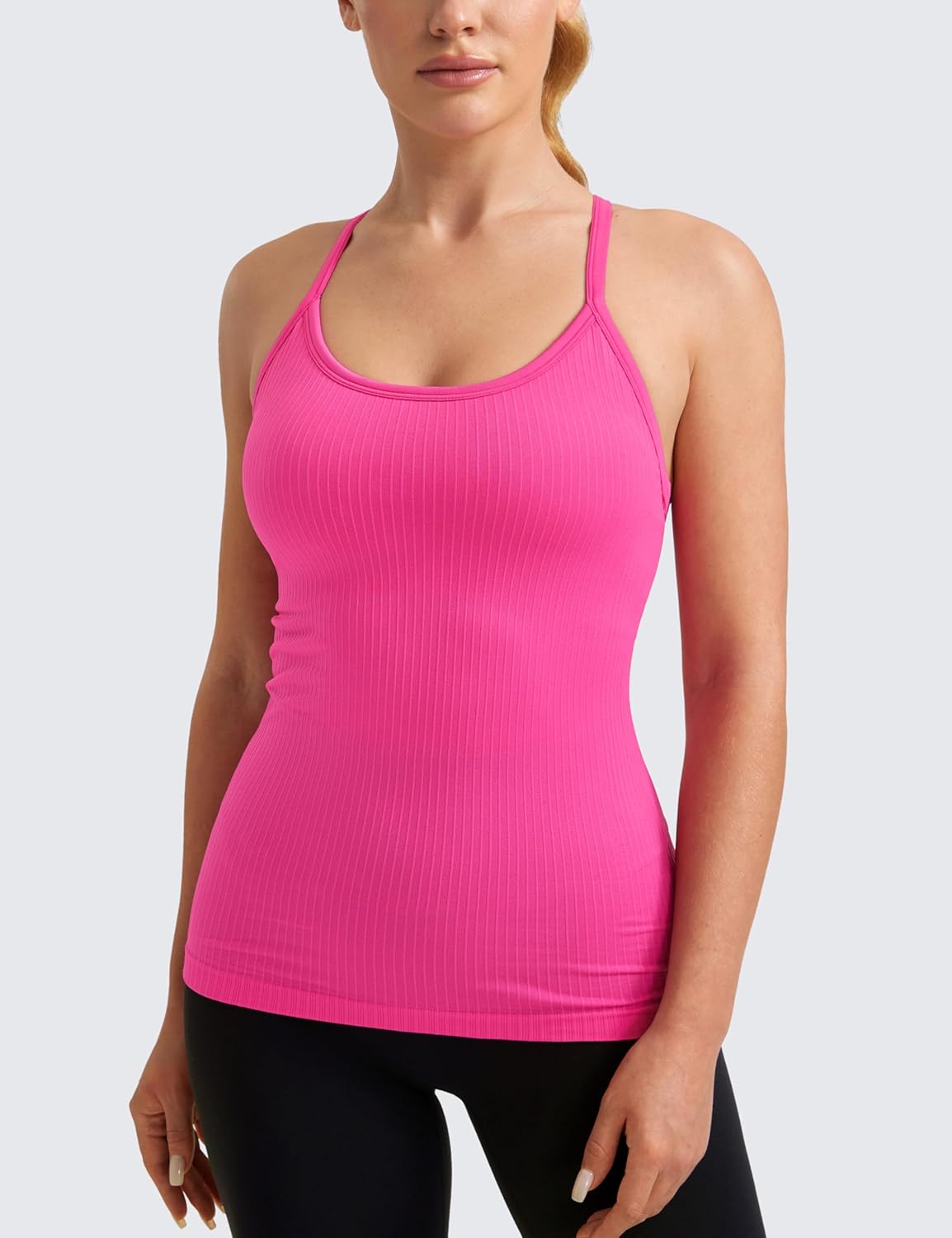 Seamless Rib Y Back Tank Tops | Light Support, Built in Bra, Removable Pads, Yoga, Ribbed, Scoop Neck, for Women