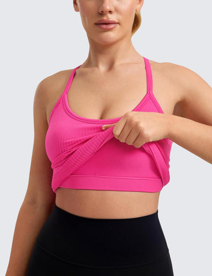 Seamless Rib Y Back Tank Tops | Light Support, Built in Bra, Removable Pads, Yoga, Ribbed, Scoop Neck, for Women