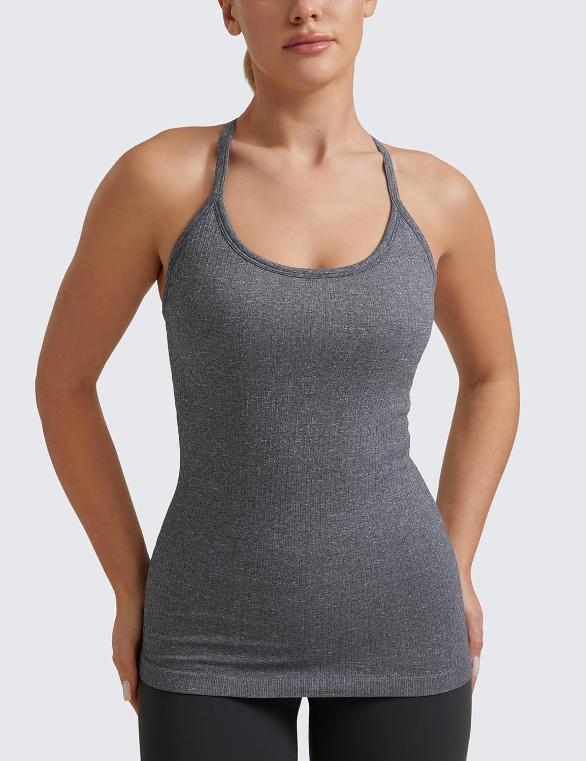 Seamless Rib Y Back Tank Tops | Light Support, Built in Bra, Removable Pads, Yoga, Ribbed, Scoop Neck, for Women