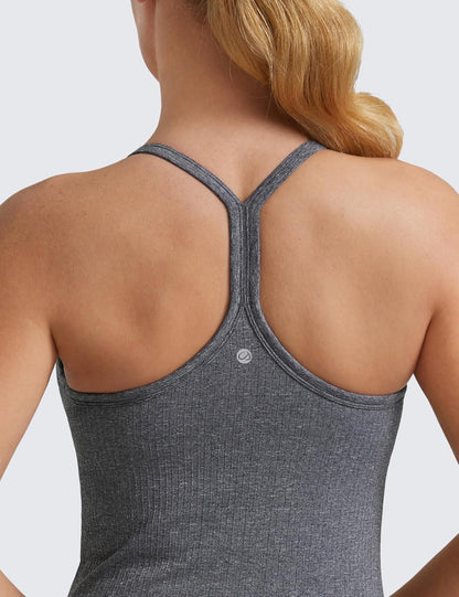 Seamless Rib Y Back Tank Tops | Light Support, Built in Bra, Removable Pads, Yoga, Ribbed, Scoop Neck, for Women