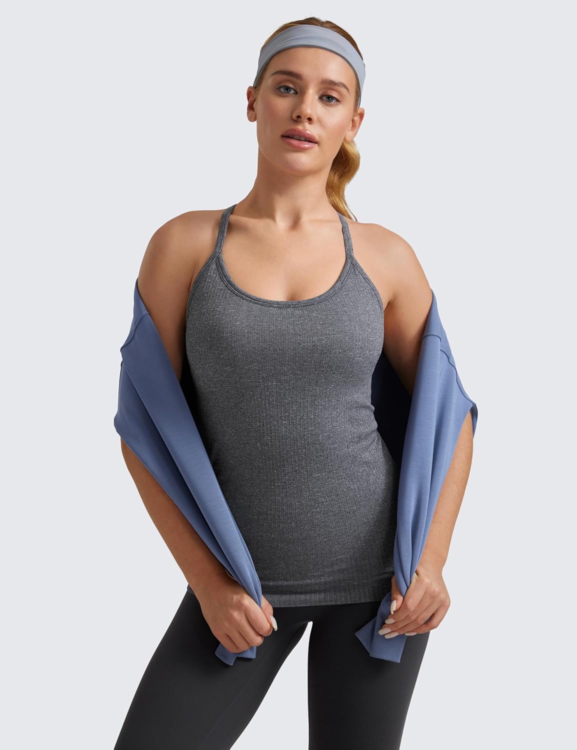 Seamless Rib Y Back Tank Tops | Light Support, Built in Bra, Removable Pads, Yoga, Ribbed, Scoop Neck, for Women