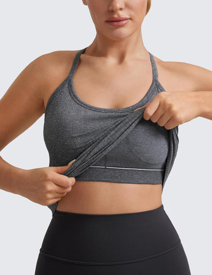 Seamless Rib Y Back Tank Tops | Light Support, Built in Bra, Removable Pads, Yoga, Ribbed, Scoop Neck, for Women