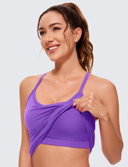 Seamless Rib Y Back Tank Tops | Light Support, Built in Bra, Removable Pads, Yoga, Ribbed, Scoop Neck, for Women
