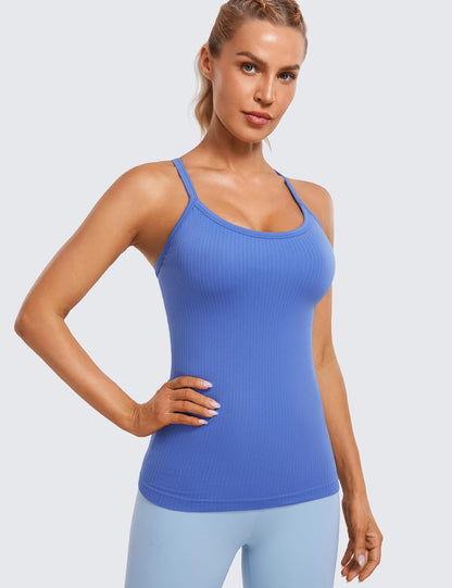 Seamless Rib Y Back Tank Tops | Light Support, Built in Bra, Removable Pads, Yoga, Ribbed, Scoop Neck, for Women