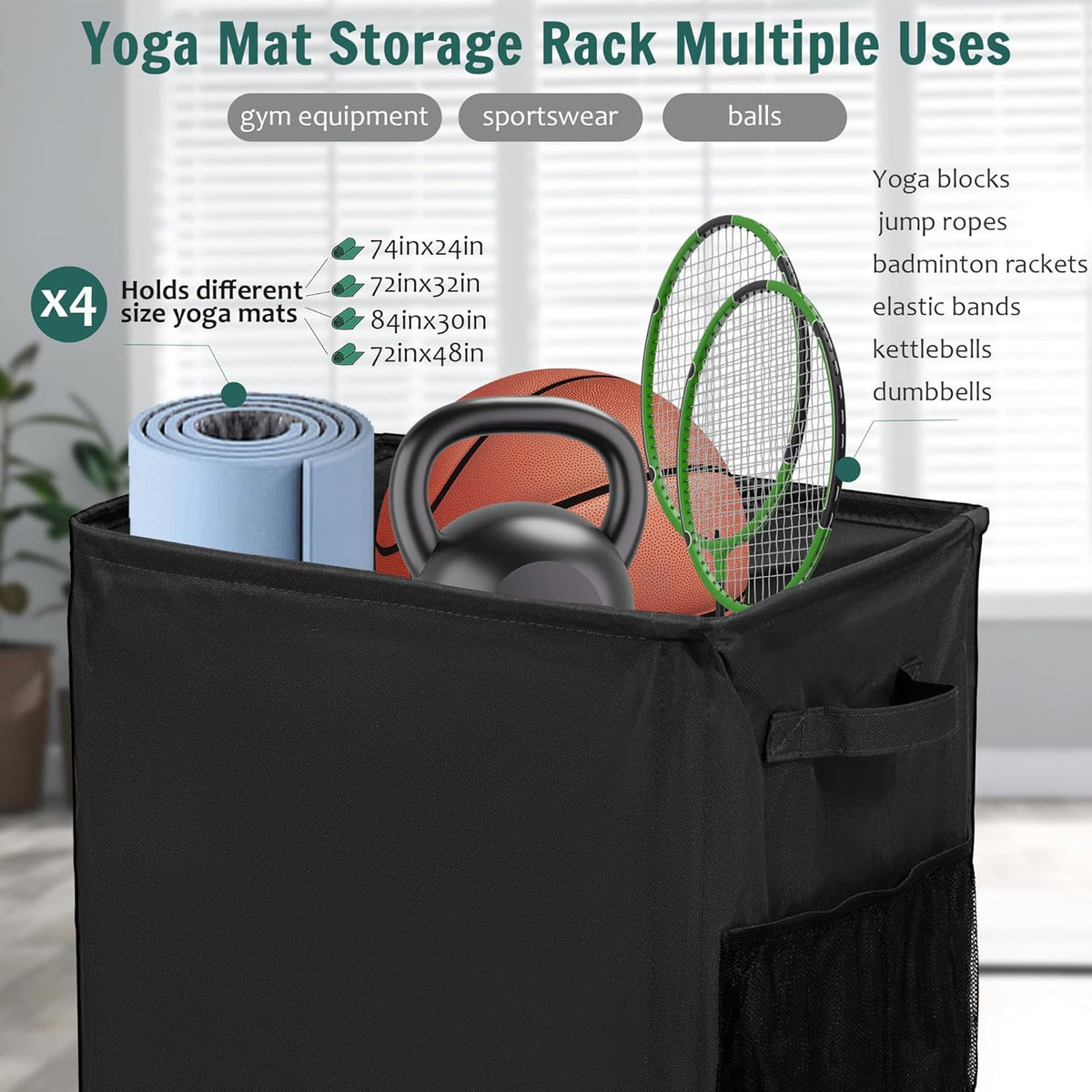Yoga Mat Storage Racks, Home Gym Storage Rack with Wheels, Yoga Mat Holder Side 2 Mesh Pockets, Yoga Storage Basket Holds 4 Yoga Mats, 2 Foam Rollers, 6 Resistance Bands