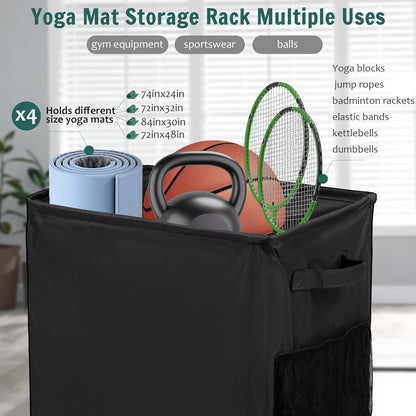 Yoga Mat Storage Racks, Home Gym Storage Rack with Wheels, Yoga Mat Holder Side 2 Mesh Pockets, Yoga Storage Basket Holds 4 Yoga Mats, 2 Foam Rollers, 6 Resistance Bands