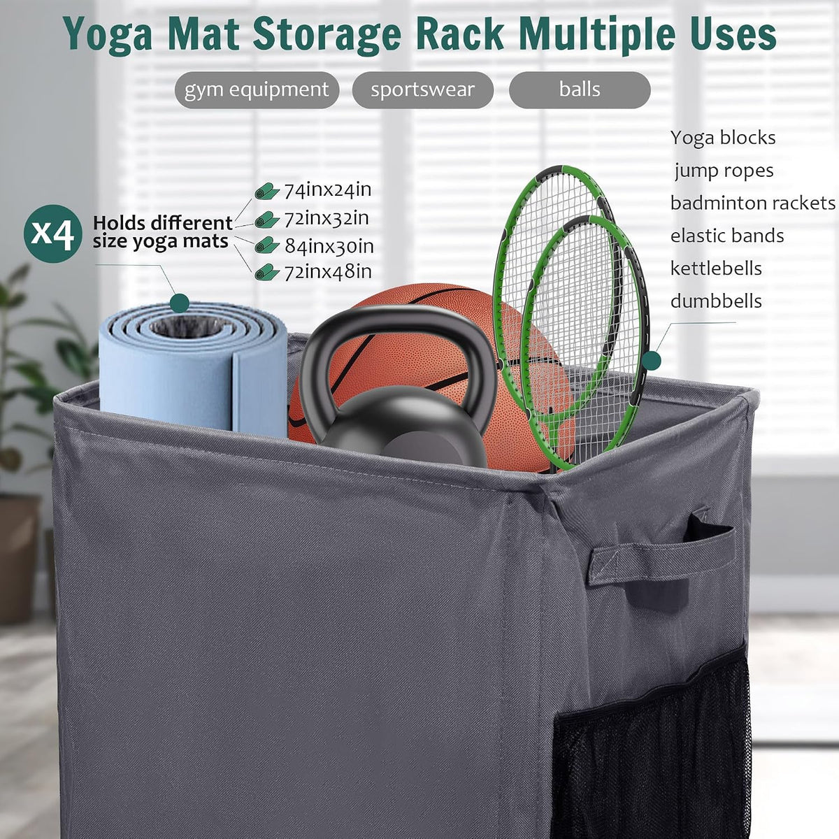 Yoga Mat Storage Racks, Home Gym Storage Rack with Wheels, Yoga Mat Holder Side 2 Mesh Pockets, Yoga Storage Basket Holds 4 Yoga Mats, 2 Foam Rollers, 6 Resistance Bands