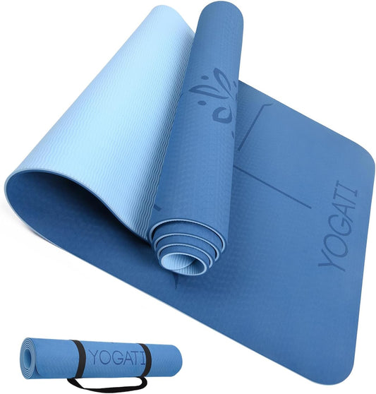 ® Yoga Mat with Strap with Alignment Lines. Home Workout Mat for Women, Men and Kids. Thick Non Slip Yoga Mat for Pilates and Fitness. Brown, Pink and Purple Yoga Mats