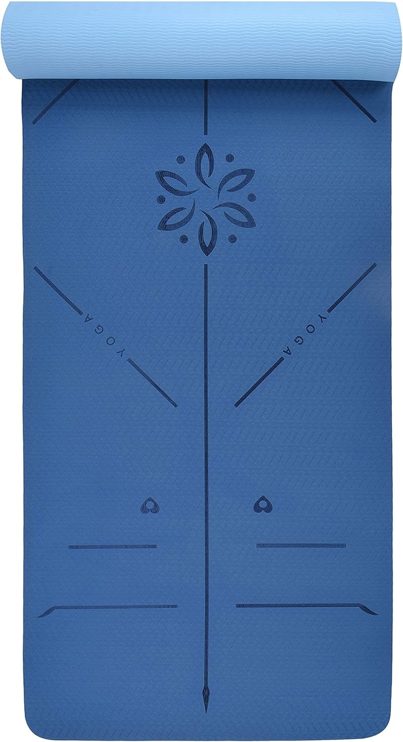 ® Yoga Mat with Strap with Alignment Lines. Home Workout Mat for Women, Men and Kids. Thick Non Slip Yoga Mat for Pilates and Fitness. Brown, Pink and Purple Yoga Mats