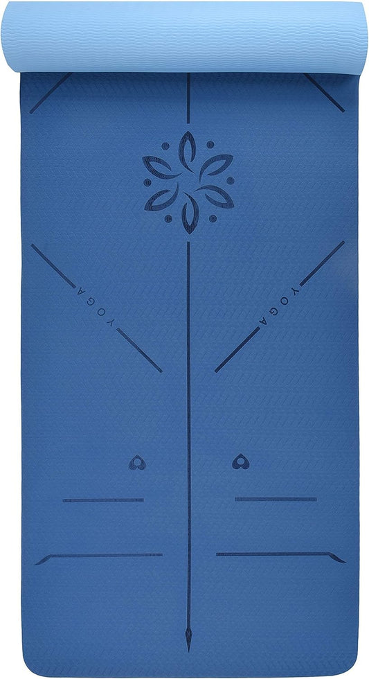 ® Yoga Mat with Strap with Alignment Lines. Home Workout Mat for Women, Men and Kids. Thick Non Slip Yoga Mat for Pilates and Fitness. Brown, Pink and Purple Yoga Mats