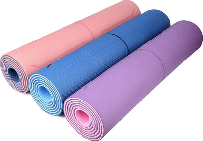 ® Yoga Mat with Strap with Alignment Lines. Home Workout Mat for Women, Men and Kids. Thick Non Slip Yoga Mat for Pilates and Fitness. Brown, Pink and Purple Yoga Mats