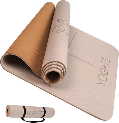 ® Yoga Mat with Strap with Alignment Lines. Home Workout Mat for Women, Men and Kids. Thick Non Slip Yoga Mat for Pilates and Fitness. Brown, Pink and Purple Yoga Mats