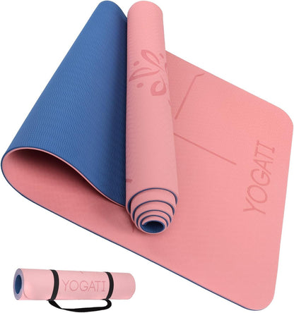 ® Yoga Mat with Strap with Alignment Lines. Home Workout Mat for Women, Men and Kids. Thick Non Slip Yoga Mat for Pilates and Fitness. Brown, Pink and Purple Yoga Mats