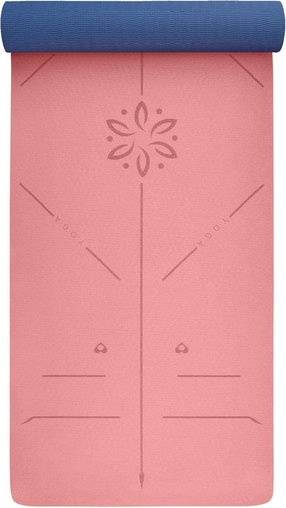 ® Yoga Mat with Strap with Alignment Lines. Home Workout Mat for Women, Men and Kids. Thick Non Slip Yoga Mat for Pilates and Fitness. Brown, Pink and Purple Yoga Mats