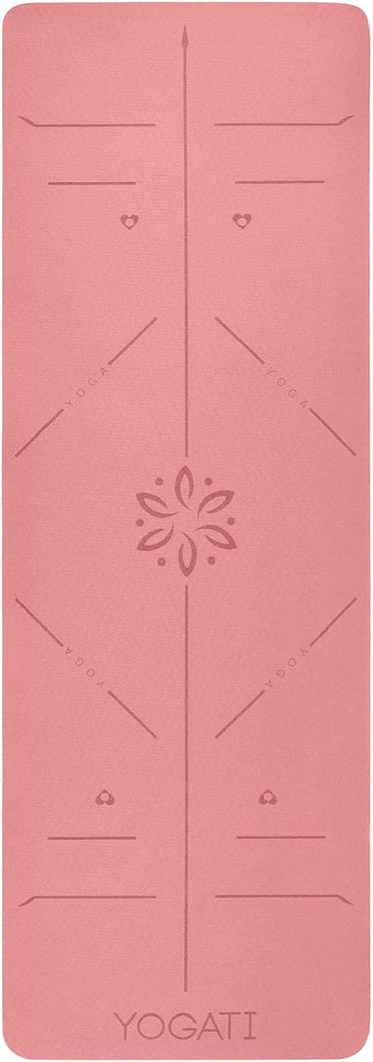 ® Yoga Mat with Strap with Alignment Lines. Home Workout Mat for Women, Men and Kids. Thick Non Slip Yoga Mat for Pilates and Fitness. Brown, Pink and Purple Yoga Mats