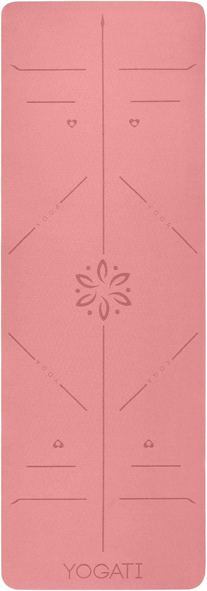 ® Yoga Mat with Strap with Alignment Lines. Home Workout Mat for Women, Men and Kids. Thick Non Slip Yoga Mat for Pilates and Fitness. Brown, Pink and Purple Yoga Mats