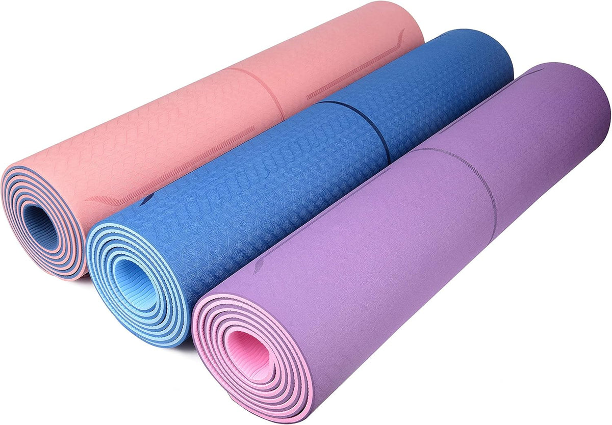 ® Yoga Mat with Strap with Alignment Lines. Home Workout Mat for Women, Men and Kids. Thick Non Slip Yoga Mat for Pilates and Fitness. Brown, Pink and Purple Yoga Mats
