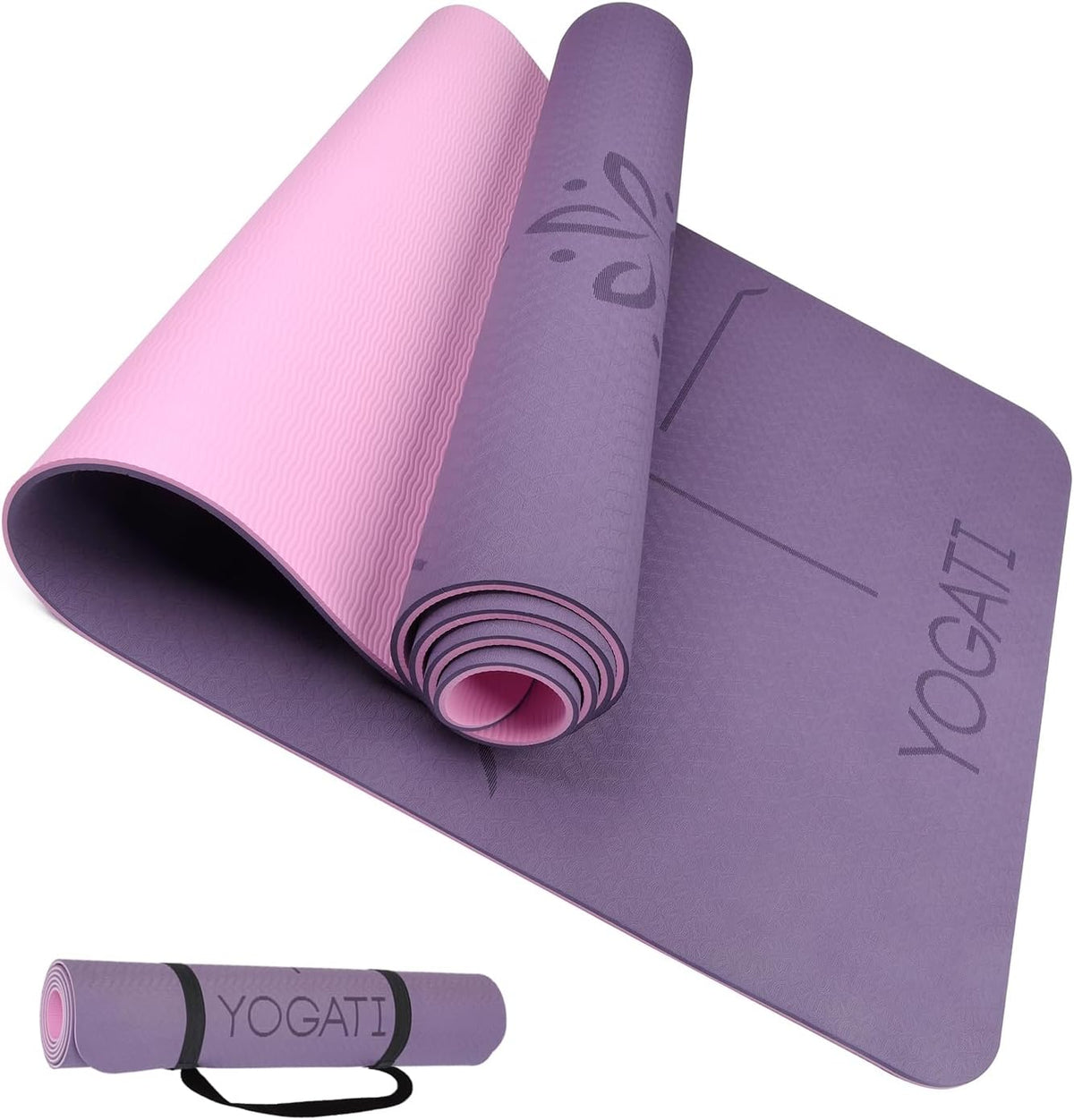 ® Yoga Mat with Strap with Alignment Lines. Home Workout Mat for Women, Men and Kids. Thick Non Slip Yoga Mat for Pilates and Fitness. Brown, Pink and Purple Yoga Mats