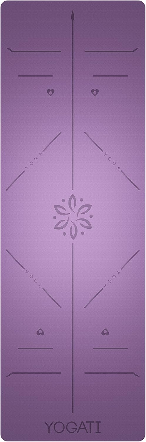 ® Yoga Mat with Strap with Alignment Lines. Home Workout Mat for Women, Men and Kids. Thick Non Slip Yoga Mat for Pilates and Fitness. Brown, Pink and Purple Yoga Mats