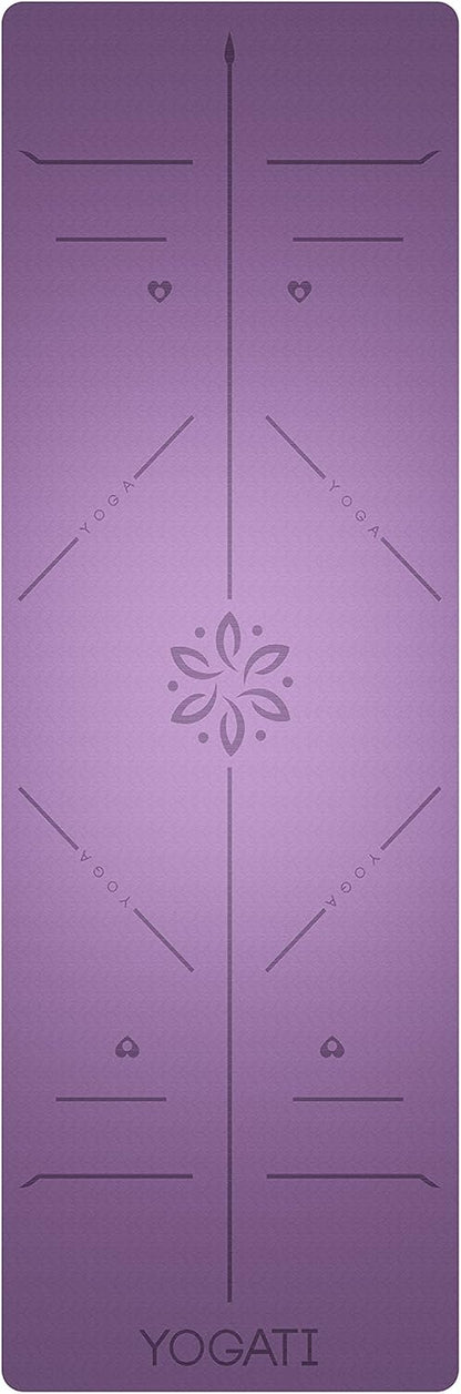 ® Yoga Mat with Strap with Alignment Lines. Home Workout Mat for Women, Men and Kids. Thick Non Slip Yoga Mat for Pilates and Fitness. Brown, Pink and Purple Yoga Mats