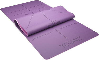 ® Yoga Mat with Strap with Alignment Lines. Home Workout Mat for Women, Men and Kids. Thick Non Slip Yoga Mat for Pilates and Fitness. Brown, Pink and Purple Yoga Mats
