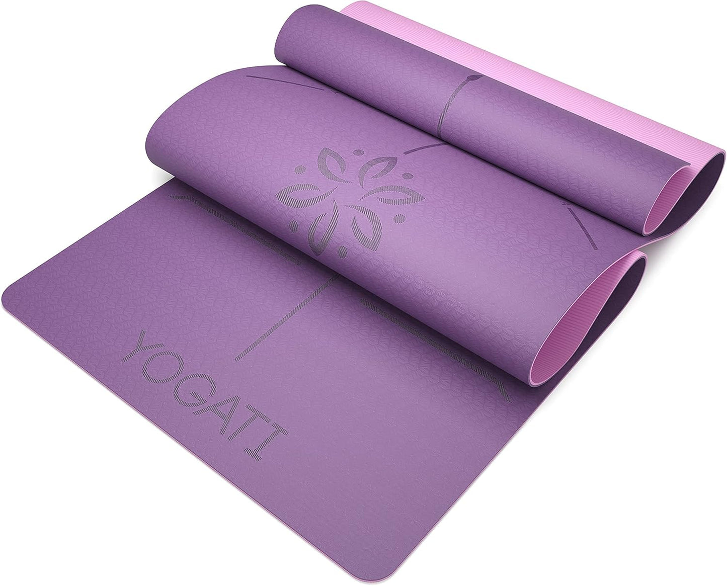 ® Yoga Mat with Strap with Alignment Lines. Home Workout Mat for Women, Men and Kids. Thick Non Slip Yoga Mat for Pilates and Fitness. Brown, Pink and Purple Yoga Mats