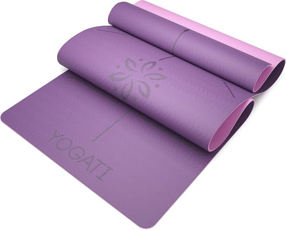 ® Yoga Mat with Strap with Alignment Lines. Home Workout Mat for Women, Men and Kids. Thick Non Slip Yoga Mat for Pilates and Fitness. Brown, Pink and Purple Yoga Mats