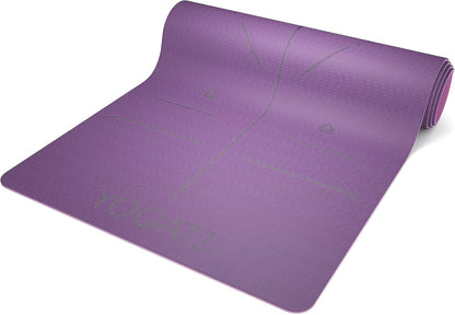 ® Yoga Mat with Strap with Alignment Lines. Home Workout Mat for Women, Men and Kids. Thick Non Slip Yoga Mat for Pilates and Fitness. Brown, Pink and Purple Yoga Mats