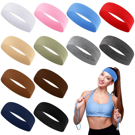 12 Pack Sport Headbands for Women Elastic Soft Fabric Hair Bands Sweatbands for Yoga Gym Running Workouts Daily Use(Black)