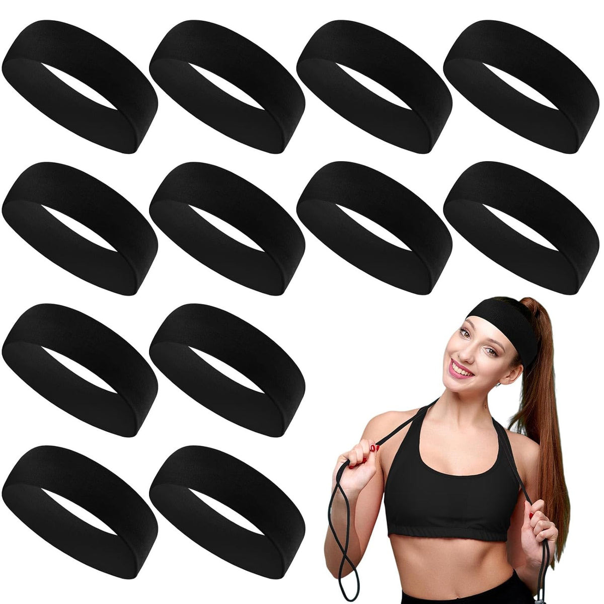 12 Pack Sport Headbands for Women Elastic Soft Fabric Hair Bands Sweatbands for Yoga Gym Running Workouts Daily Use(Black)