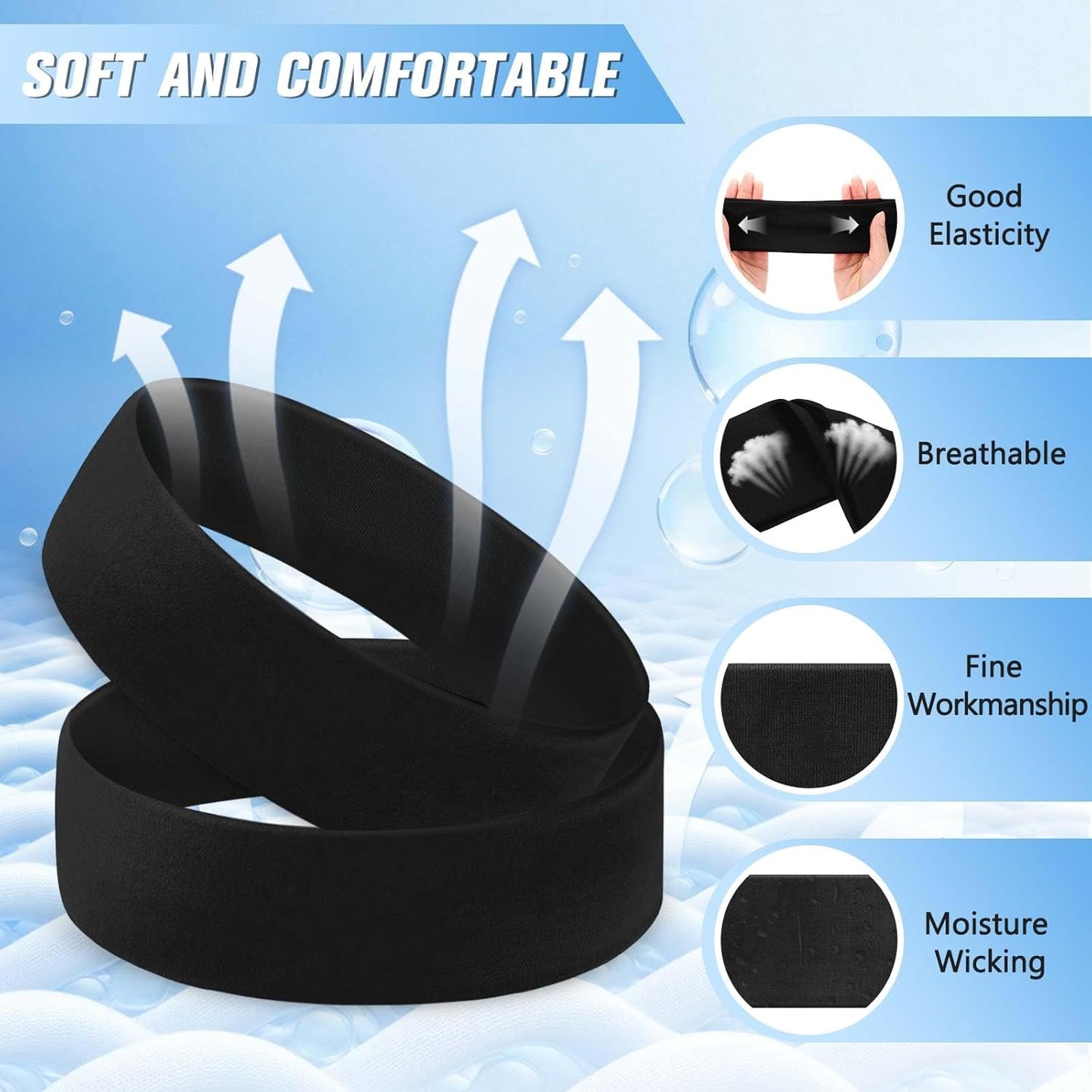 12 Pack Sport Headbands for Women Elastic Soft Fabric Hair Bands Sweatbands for Yoga Gym Running Workouts Daily Use(Black)