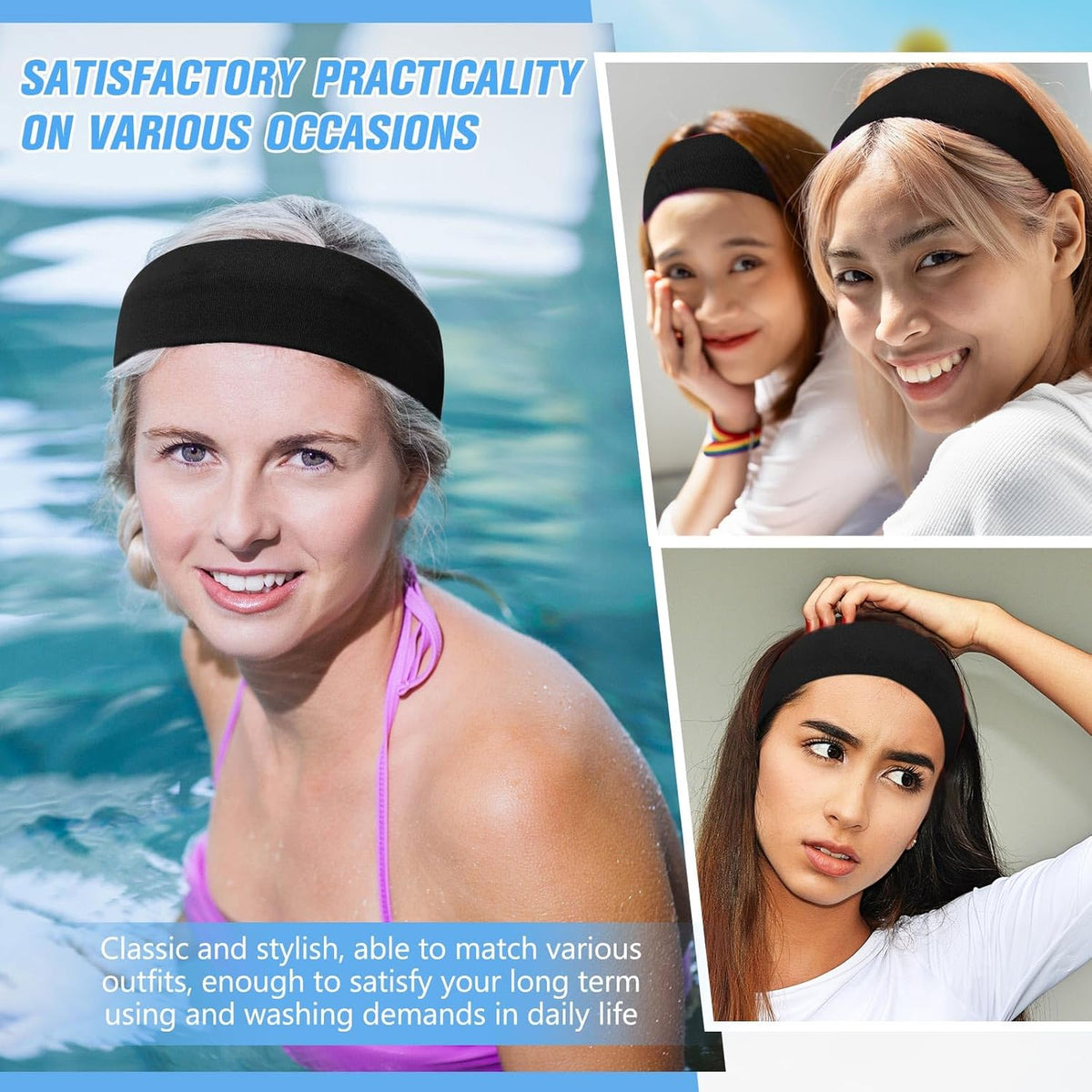 12 Pack Sport Headbands for Women Elastic Soft Fabric Hair Bands Sweatbands for Yoga Gym Running Workouts Daily Use(Black)