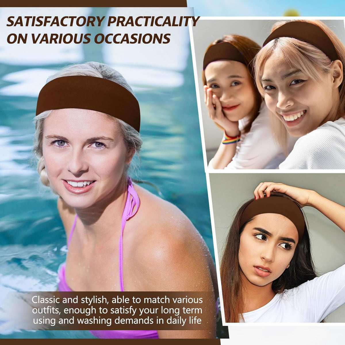 12 Pack Sport Headbands for Women Elastic Soft Fabric Hair Bands Sweatbands for Yoga Gym Running Workouts Daily Use(Black)