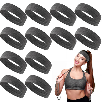 12 Pack Sport Headbands for Women Elastic Soft Fabric Hair Bands Sweatbands for Yoga Gym Running Workouts Daily Use(Black)