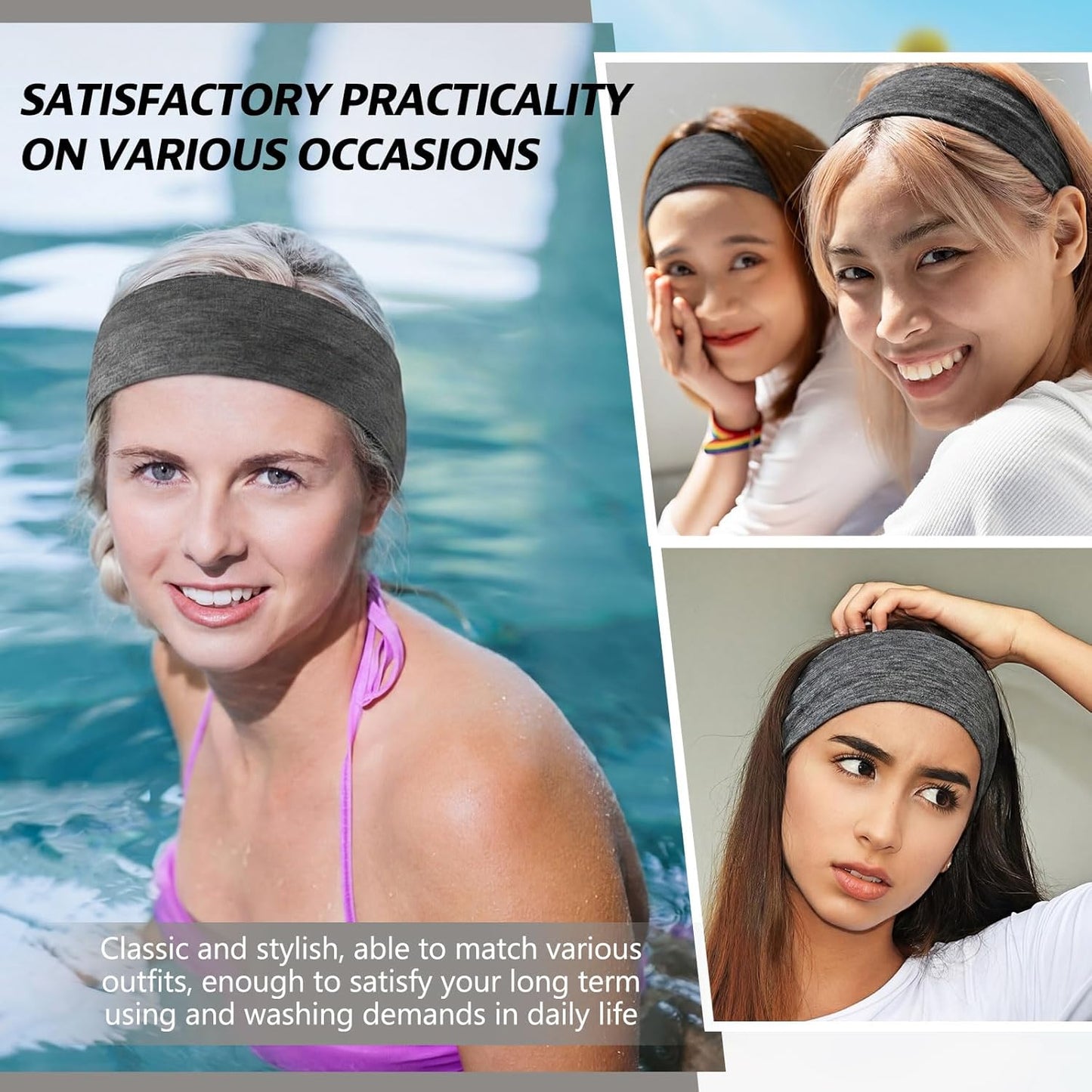 12 Pack Sport Headbands for Women Elastic Soft Fabric Hair Bands Sweatbands for Yoga Gym Running Workouts Daily Use(Black)