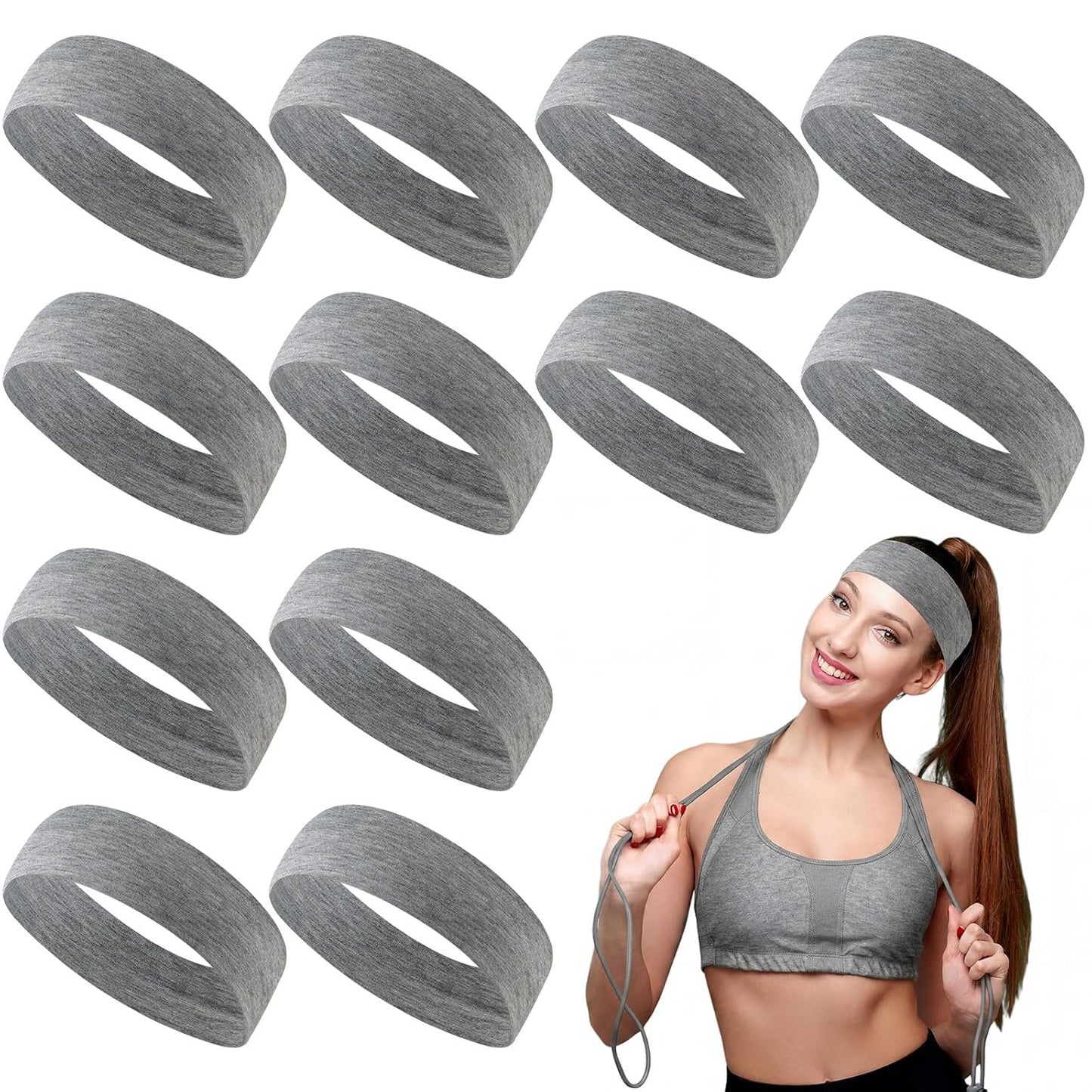 12 Pack Sport Headbands for Women Elastic Soft Fabric Hair Bands Sweatbands for Yoga Gym Running Workouts Daily Use(Black)