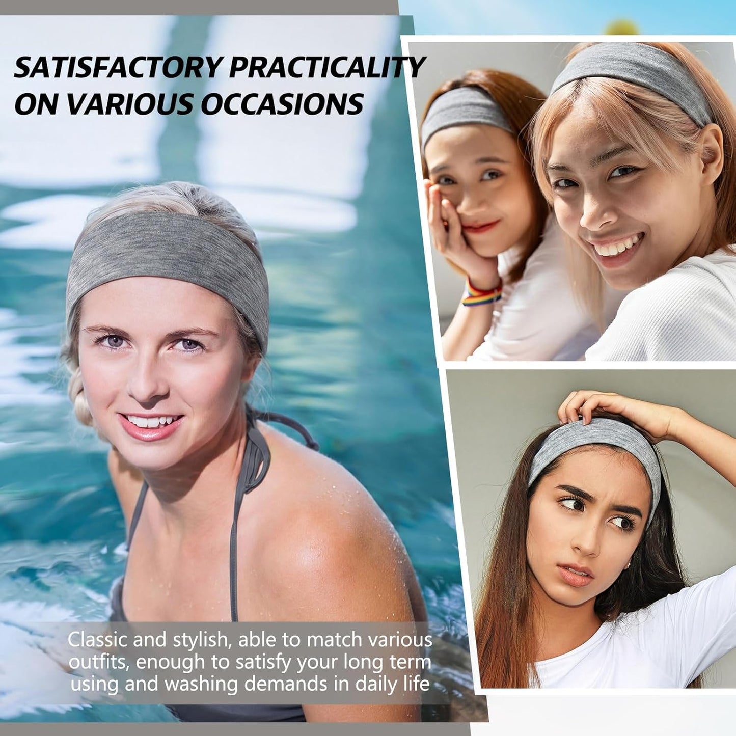 12 Pack Sport Headbands for Women Elastic Soft Fabric Hair Bands Sweatbands for Yoga Gym Running Workouts Daily Use(Black)