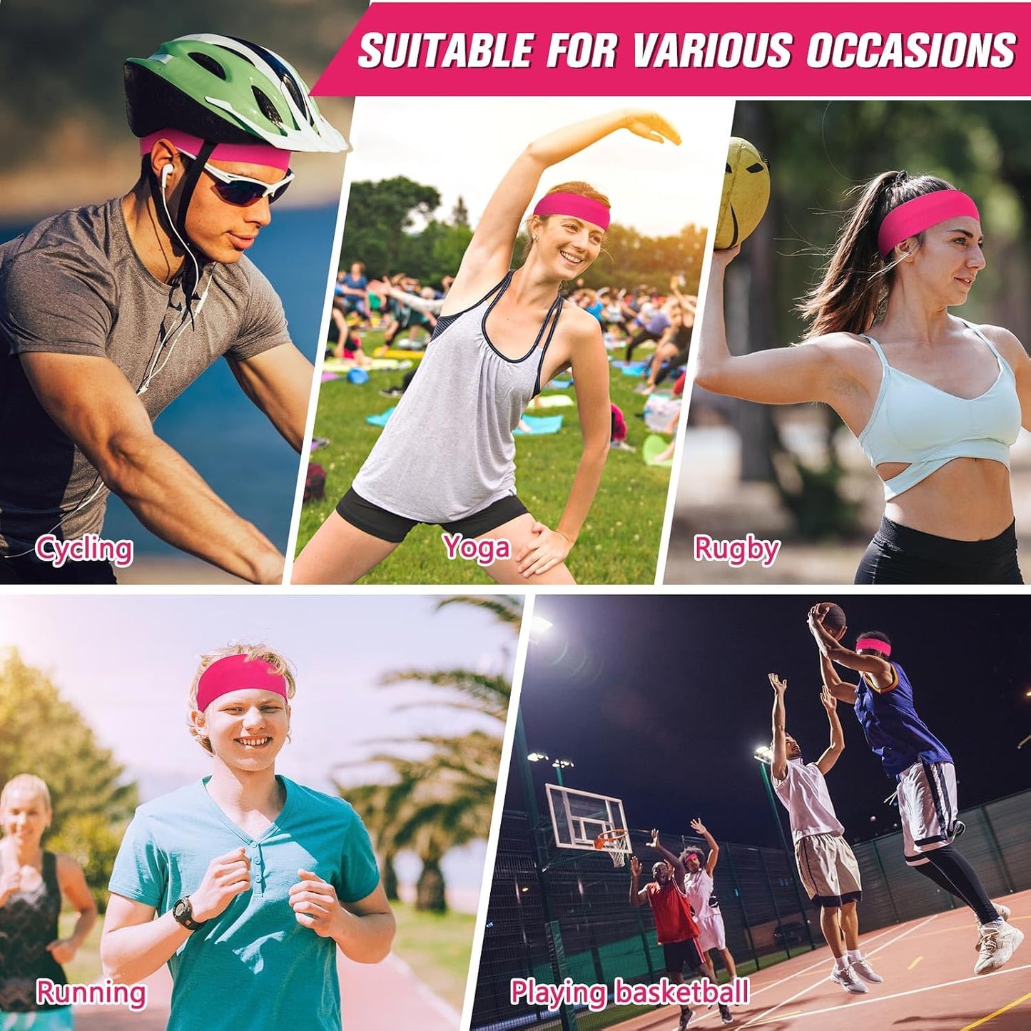 12 Pack Sport Headbands for Women Elastic Soft Fabric Hair Bands Sweatbands for Yoga Gym Running Workouts Daily Use(Black)