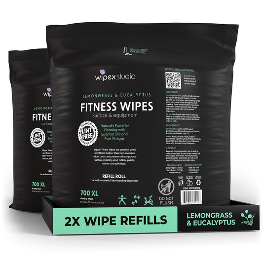 Gym Wipes Dispenser Refill, 1400 Count (2 Rolls x 700), Premium Thick Gym Equipment Wipes, Lemongrass Scent, 8” x 12” Fitness Cleaning Wipes