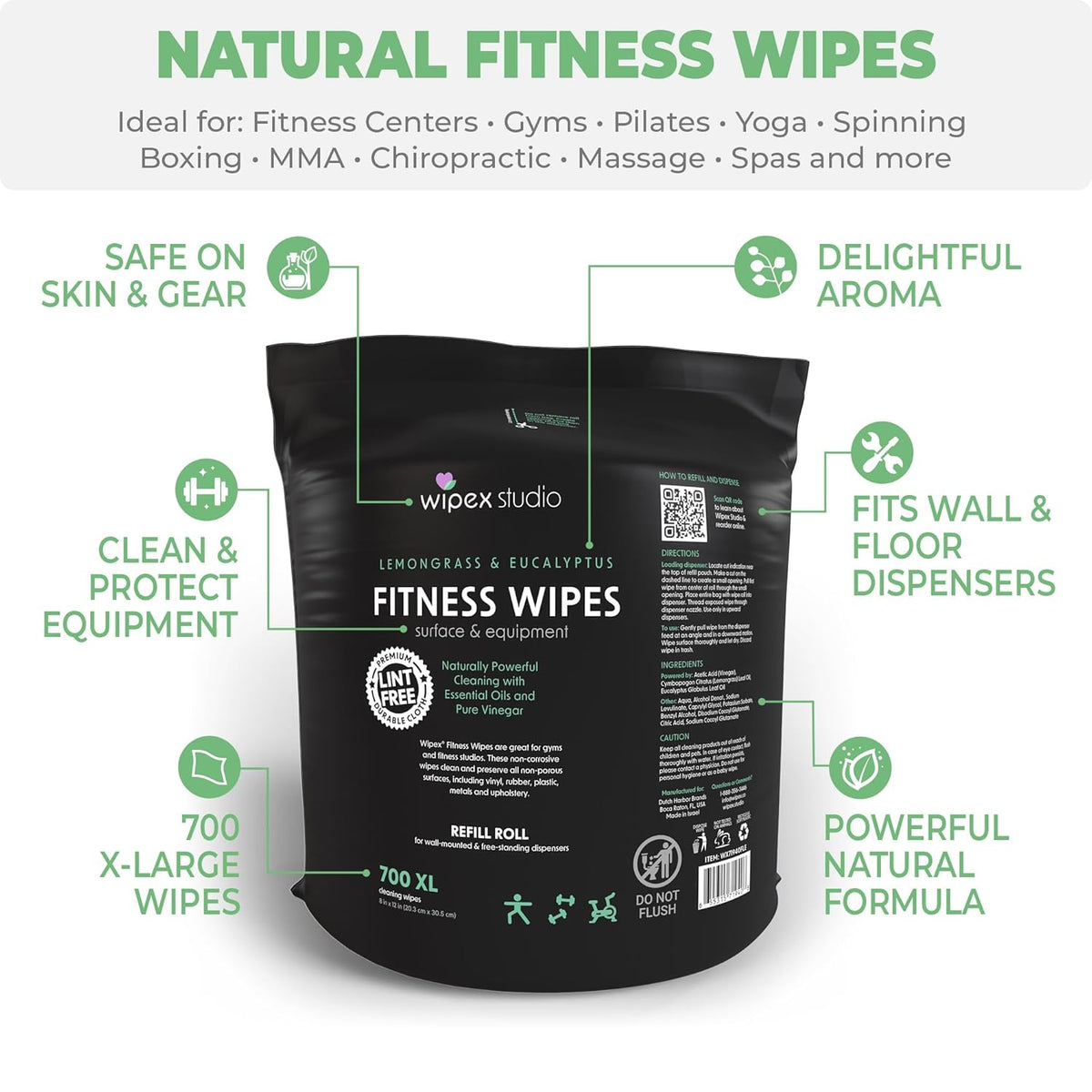 Gym Wipes Dispenser Refill, 1400 Count (2 Rolls x 700), Premium Thick Gym Equipment Wipes, Lemongrass Scent, 8” x 12” Fitness Cleaning Wipes